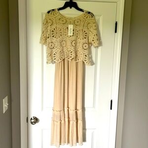 Spaghetti strap maxi dress with crocheted crop over which can be removed